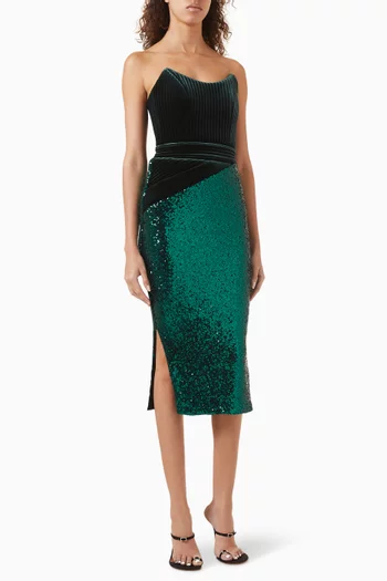 "REINE DE REINETTES SEQUIN DRESS- STRAPLESS EASYFIT SEQUIN GOWN WITH STITCHED VELVET PEAKEDBODICE AND HIP PANELLING":Green    :12|218997433