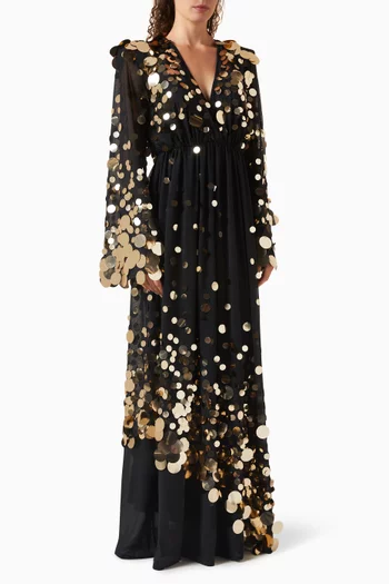 " DREAM OF LIGHT DRESS- FULL LENGTH MESH SEQUIN DRESS WITH BELL SLEEVES, ELASTICWAIST AND SHOULDER ACCENTS":BLK:2|218997428