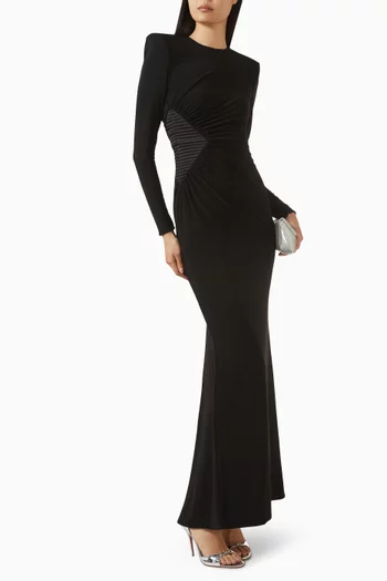 " ECHOES OF SELF GOWN- LONG SLEEVE STRETCH JERSEY GOWN WITH STITCHED SATIN SIDEPANEL, GATHERED FEATURE AND SHOULDER ACCENTS":BLK:4|218997437