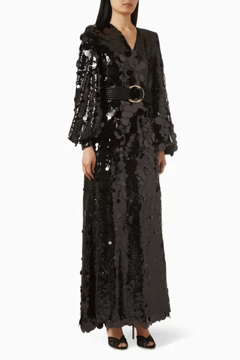 "THE AREA WRAP GOWN- WRAP STYLE GOWN IN STRETCH SEQUINS WITH TIE CLOSURES,STITCHED SATIN BELT, BILLOWED SLEEVES AND SHOULDER ACCENS":BLK:6|218997482