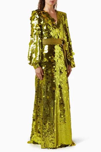 "THE AREA WRAP GOWN- WRAP STYLE GOWN IN STRETCH SEQUINS WITH TIE CLOSURES,STITCHED SATIN BELT, BILLOWED SLEEVES AND SHOULDER ACCENS":Green    :8|218997473