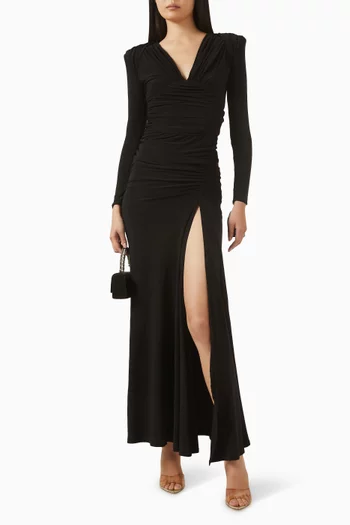 "WE'RE NOT US GOWN- LONG SLEEVE STRETCH JERSEY GOWN WITH GATHERED BODICE,WAIST AND SHOULDER PANELS WITH FRONT SPLIT AND SHOULDERACCENTS":BLK:12|218997472