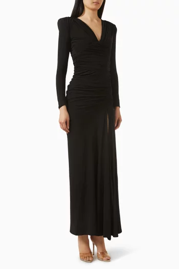 "WE'RE NOT US GOWN- LONG SLEEVE STRETCH JERSEY GOWN WITH GATHERED BODICE,WAIST AND SHOULDER PANELS WITH FRONT SPLIT AND SHOULDERACCENTS":BLK:12|218997472