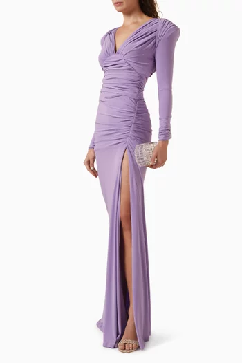 "WE'RE NOT US GOWN- LONG SLEEVE STRETCH JERSEY GOWN WITH GATHERED BODICE,WAIST AND SHOULDER PANELS WITH FRONT SPLIT AND SHOULDERACCENTS":Purple    :10|218997485