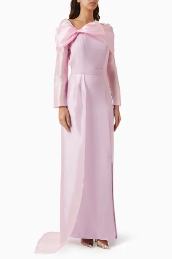 فستان سهرة بذيل وعقدة كريب وأورجانزا