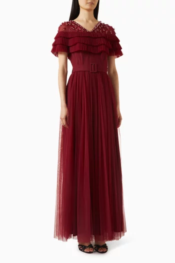 فستان سهرة مطرز بكشكش