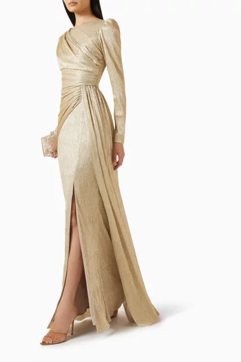 Draped Slit Gown in Foil Mesh