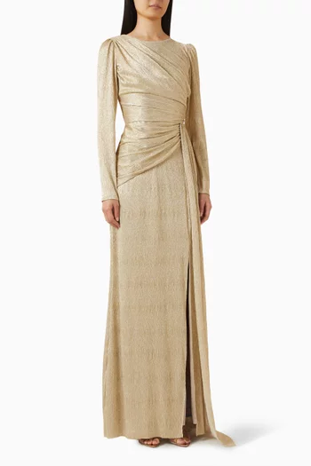 Draped Slit Gown in Foil Mesh