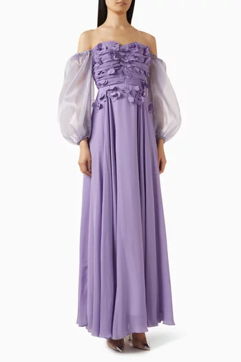 فستان سهرة بأكتاف مكشوفة وتطريزات بارزة شيفون وأورجانزا