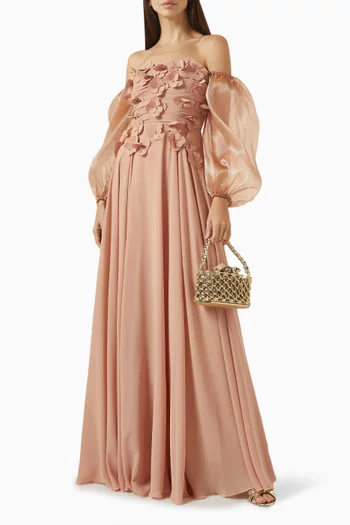 فستان سهرة بأكتاف مكشوفة وتطريزات بارزة شيفون وأورجانزا