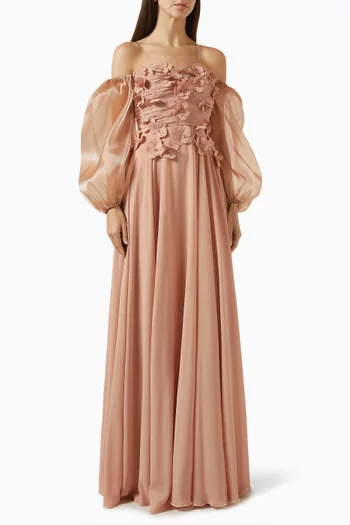 فستان سهرة بأكتاف مكشوفة وتطريزات بارزة شيفون وأورجانزا