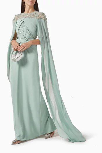 Embellished Cape Gown in Tulle & Crepe