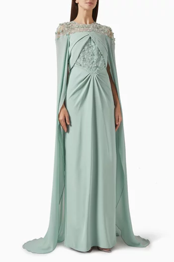 Embellished Cape Gown in Tulle & Crepe