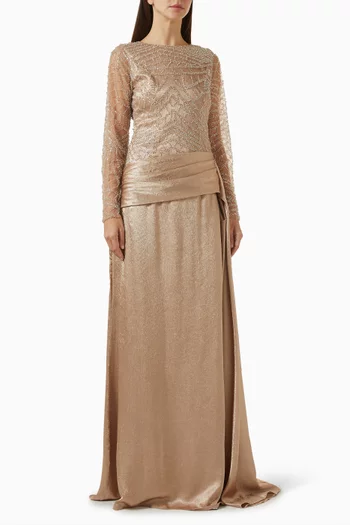 فستان سهرة مطرز بالخرز تول وكريب ستان