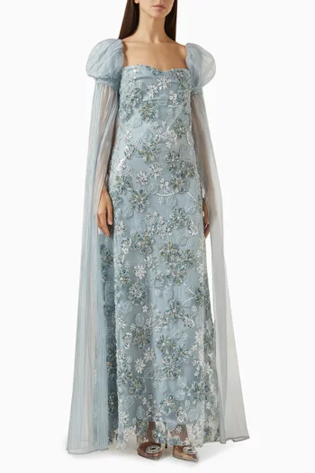Bead-embellished Cape Gown in Tulle & Organza