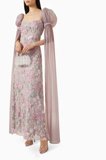 Bead-embellished Cape Gown in Tulle & Organza