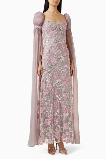 Bead-embellished Cape Gown in Tulle & Organza