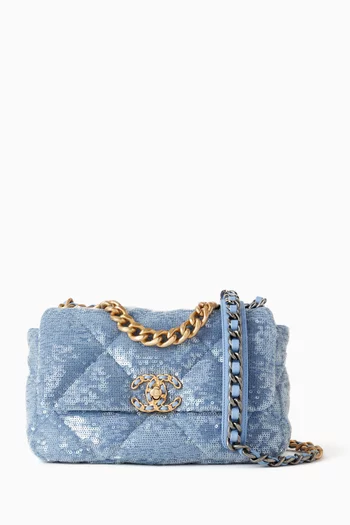 حقيبة 19 بغطاء قلاب متوسطة تويد مبطن مطرز بترتر