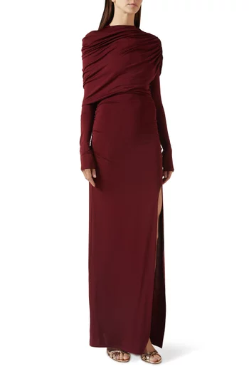 Asymmetrical Shawl Draped Gown in Jersey