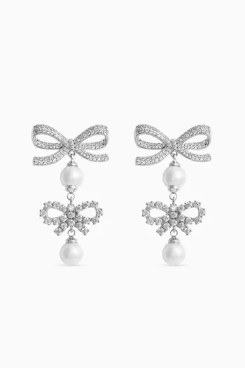 Double Bow Pearl Earrings in Silver-plated Brass