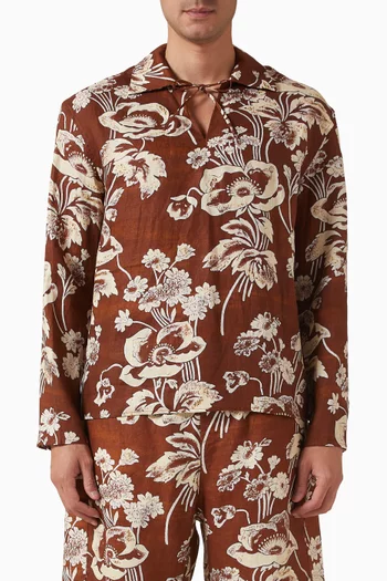 قميص برباط في الأمام ونقشة زهور فاوانيا كتان