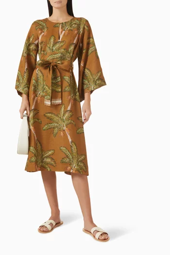 فستان متوسط بنقشة أشجار نخيل كتان