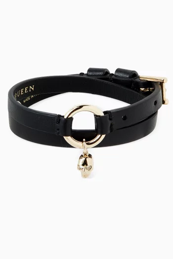Skull Ring Double Wrap Bracelet in Leather