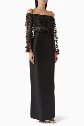 فستان سهرة ايفيت مزين بتطريزات تول وتفتا