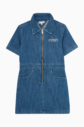 Embroidered Zip Shirt Dress in Denim