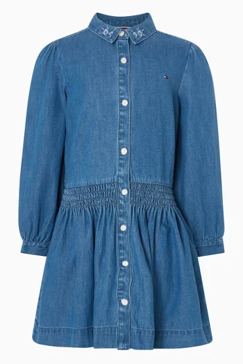 Embroidered Flower Shirt Dress in Denim