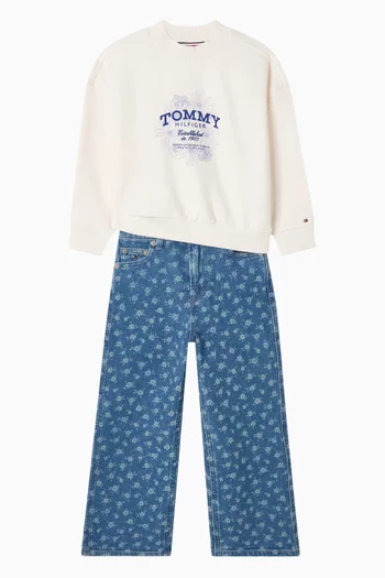 Flower-print Wide-leg Jeans in Denim