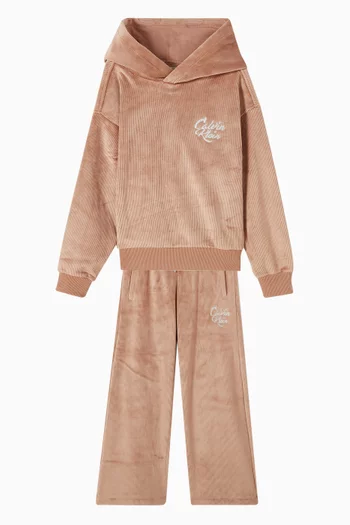 طقم بدلة رياضية بشعار الماركة بتصميم جامعي قطن مخملي مضلع