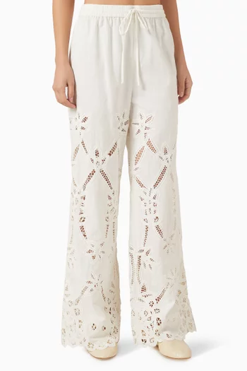 Daisy Embroidered Wide-leg Pants in Cotton-linen