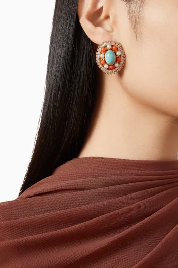 Crystal & Stone Stud Earrings in Gold-plated Brass