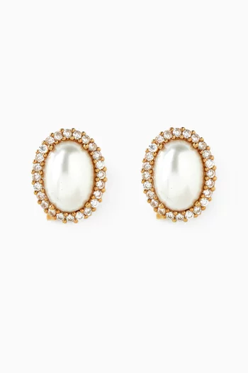 Omega Oval Crystal & Pearl stud Earrings in Gold-plated Brass