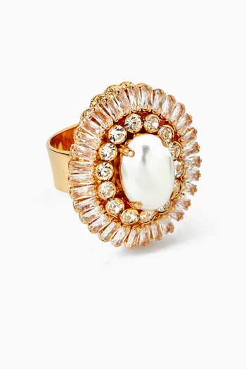 Crystal & Pearl Cluster Ring in Gold-plated Brass