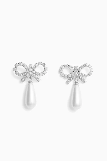 Bow Pearl Crystal Earrings in Silver-plated Brass