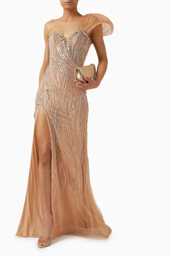 Embellished One-shoulder Gown