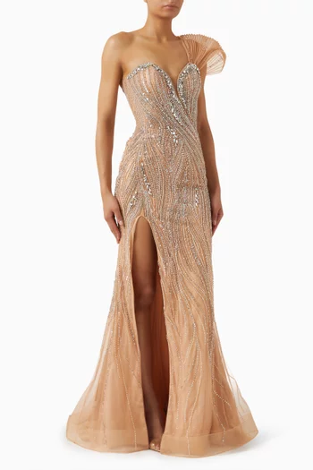 Embellished One-shoulder Gown