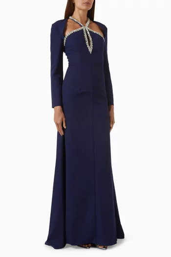 Embroidered Back Cut-out Gown in Crepe