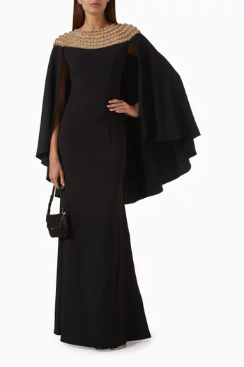 Embroidered-collar Dress in Crepe