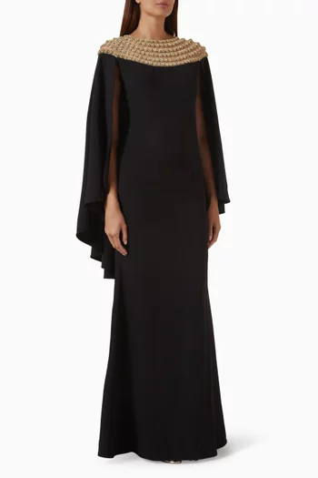 Embroidered-collar Dress in Crepe