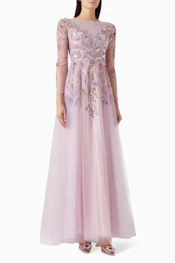 فستان سهرة مطرز بالترتر تول