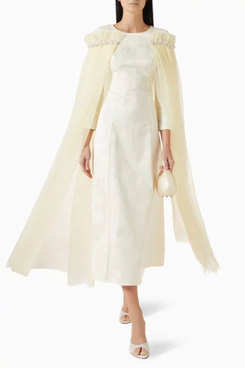 Embellished Cape Dress in Tulle & Crepe