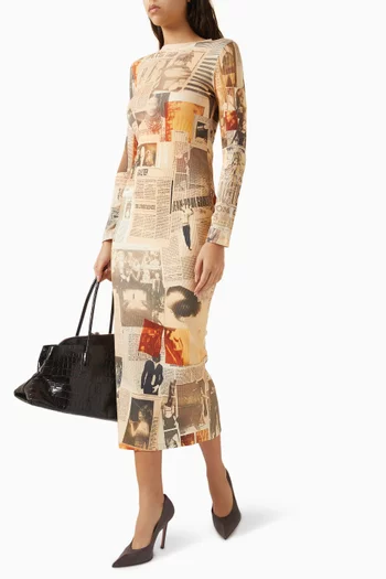 فستان متوسط الطول بنقشة جرائد قطن مضلع