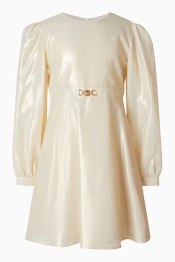 فستان بحلية معدنية بشعار ميدوسا حرير لامع