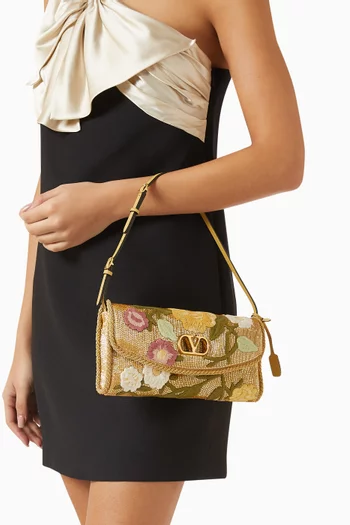 DeVain Small Shoulder Bag in Embroidered Satin