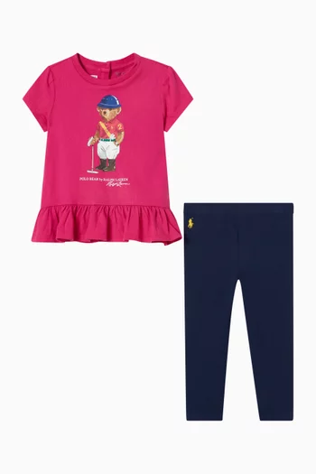 طقم متناسق بتصميم على شكل جرس وطبعة دب بولو قطن