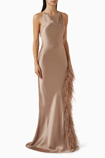 Feather Halter Gown in Satin