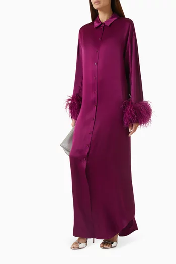 Feather Cuff Maxi Dress in Satin